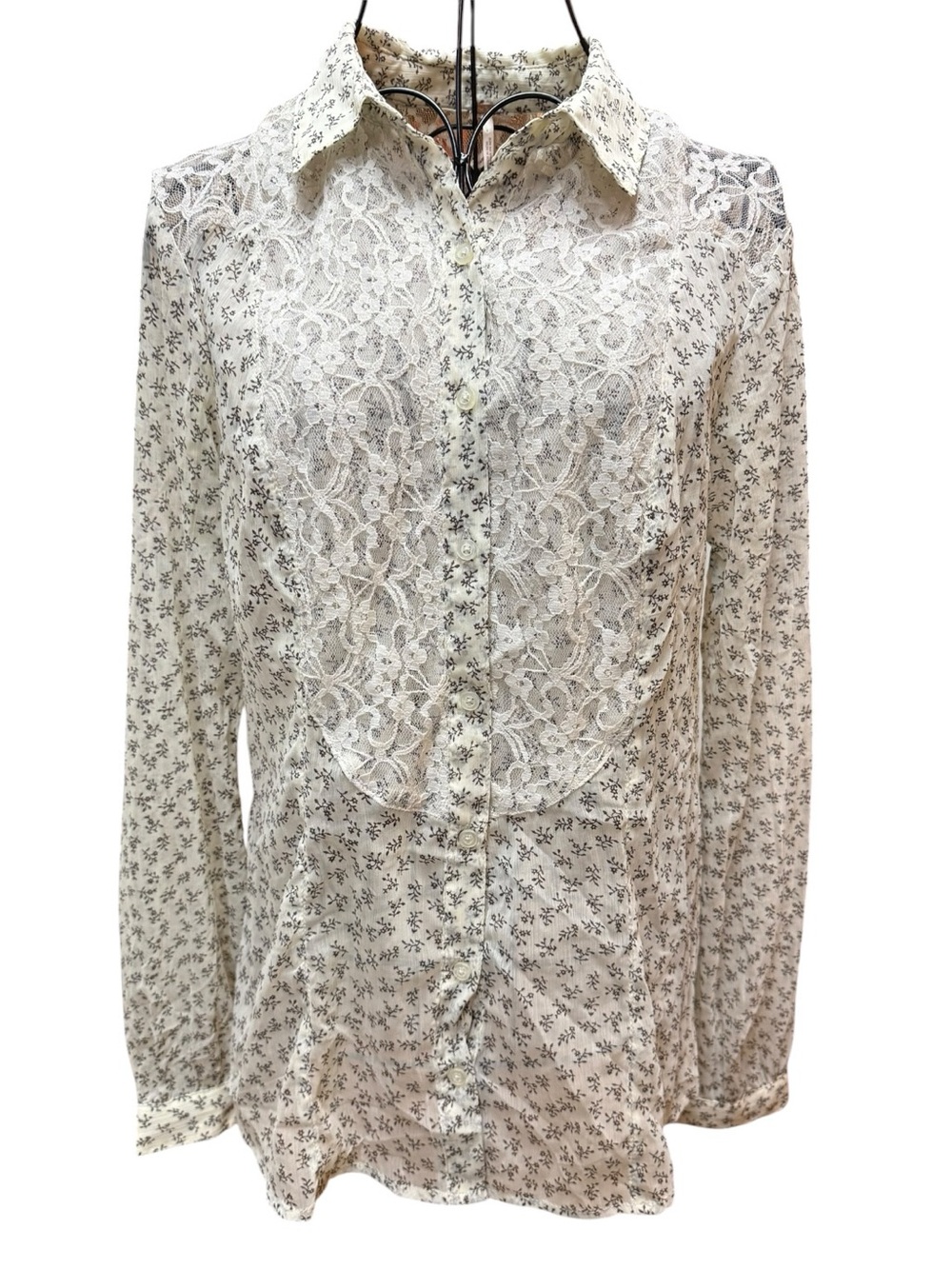 NWT Free People Cream Olive Floral Lace-Front Button Down Shirt